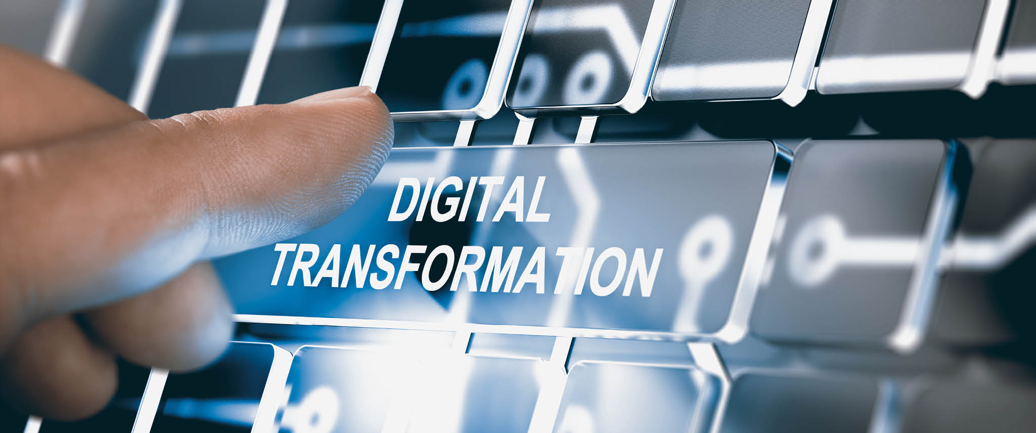 Finger pressing a digital button with the text digital transformation  Concept of digitalization of business processes  Composite between a photography and a 3D background  Horizontal image