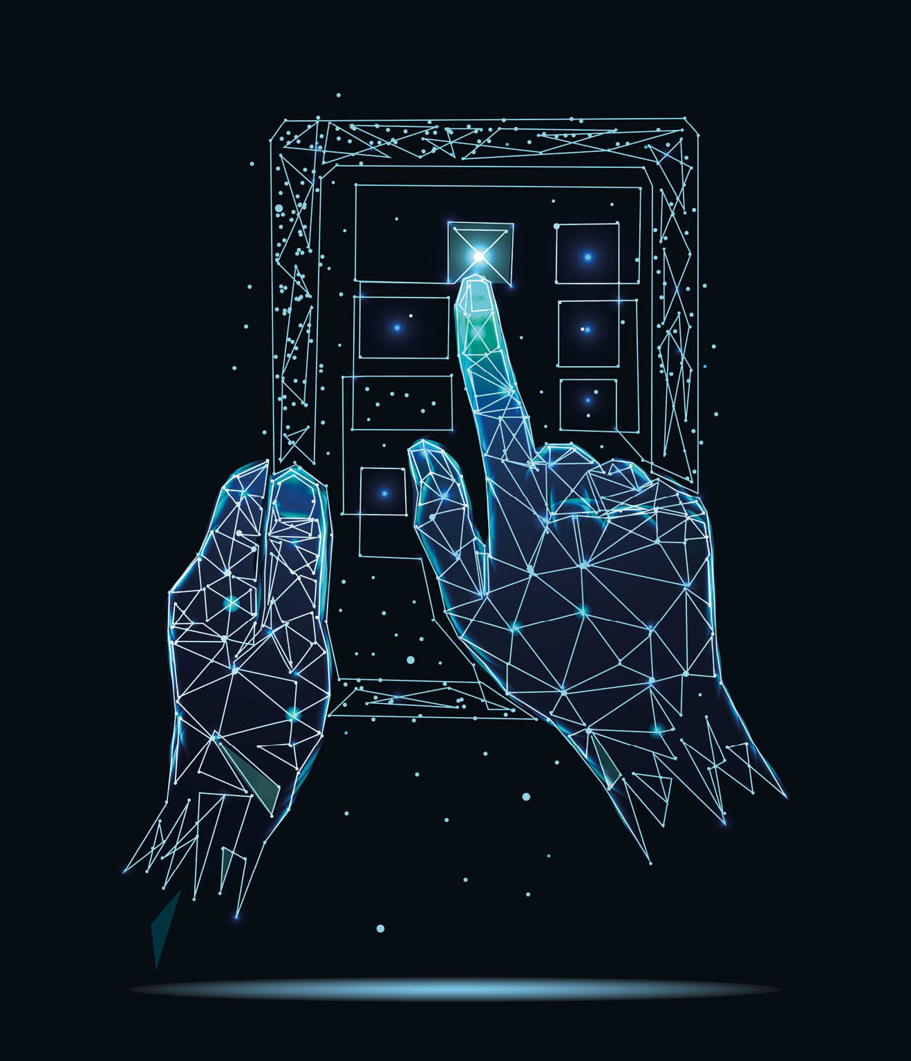 Online survey, checklist  Hand holds tablet and finger touch vertical screen  Feedback business concept  Polygonal futuristic design for web site, mobile app