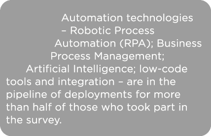 Automation technologies   Robotic Process Automation (RPA); Business Process Management; Artificial Intelligence; low   