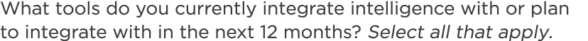 What tools do you currently integrate intelligence with or plan to integrate with in the next 12 months? Select all t...