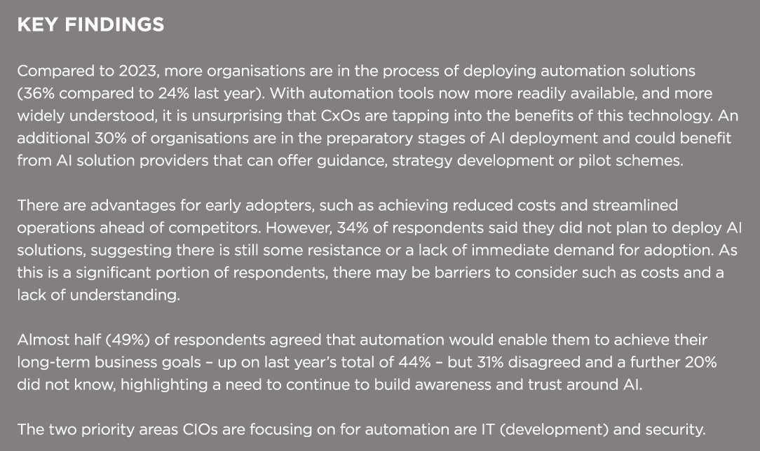 KEY FINDINGS Compared to 2023, more organisations are in the process of deploying automation solutions (36% compared ...