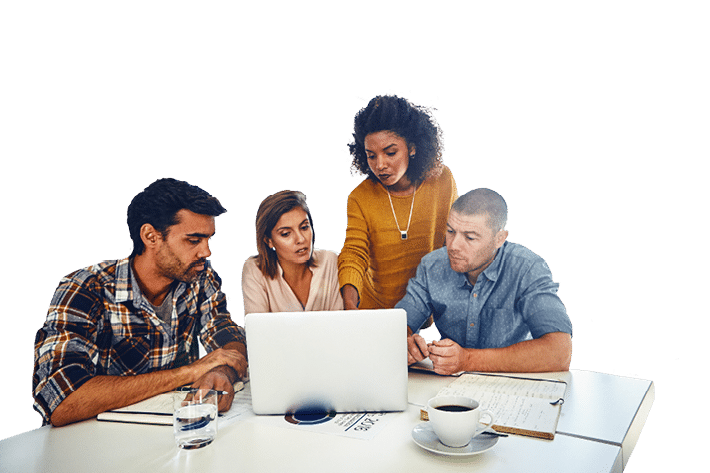 Web design, team and planning in office with laptop, market research or problem solving in development of project. Website, designer and people with technology for online marketing, SEO or strategy.